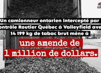 Une cargaison massive de tabac de contrebande interceptée par Contrôle Routier Québec Une semi-remorque remplie de tabac, représentant le véhicule lourds intercepté par Contrôle Routier Québec transportant une cargaison de 14 199 kg de tabac brut de contrebande.