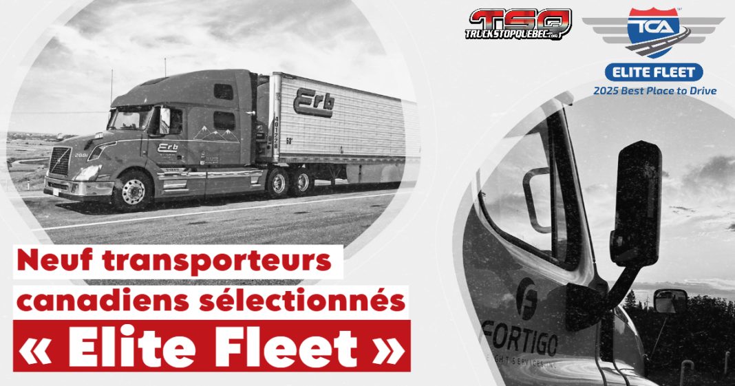 Logo de la Truckload Carriers Association (TCA) mettant en évidence la certification « Elite Fleet » 2025 remportée par neuf transporteurs canadiens.