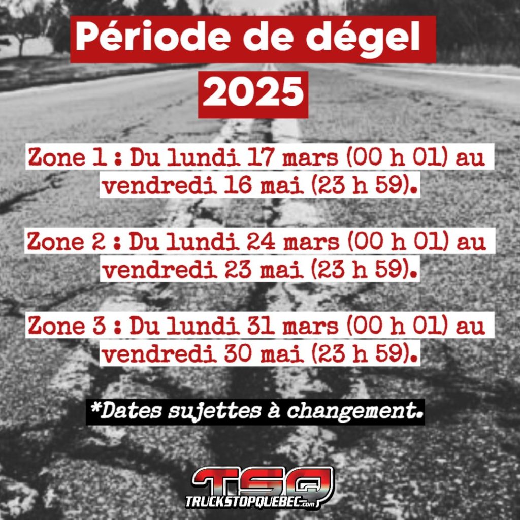 Dates visées pour la période de dégel 2025.