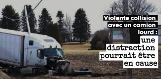 Violente collision avec un camion lourd : une distraction pourrait être en cause Scène de la collision entre une camionnette et un camion lourd semi-remorque sur le rang Charlotte, à Saint-Liboire.
