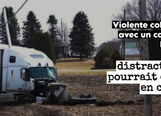 Violente collision avec un camion lourd : une distraction pourrait être en cause Scène de la collision entre une camionnette et un camion lourd semi-remorque sur le rang Charlotte, à Saint-Liboire.