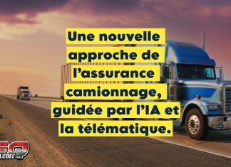 L’IA s’invite dans le secteur des assurances du camionnage Camion en déplacement sur une route, illustrant l’évolution de l’assurance camionnage avec l’intelligence artificielle et la télématique. Citation mentionnée : « Une nouvelle assurance camionnage IA repose sur la télématique des véhicules. »