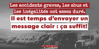Stratagème Chauffeur Inc : IL EST TEMPS D’AGIR – LE CAMIONNAGE DOIT FAIRE FRONT COMMUN Relais routier bondé avec plusieurs camions stationnés, symbolisant la solidarité de l’industrie du transport routier contre le stratagème Chauffeur Inc.