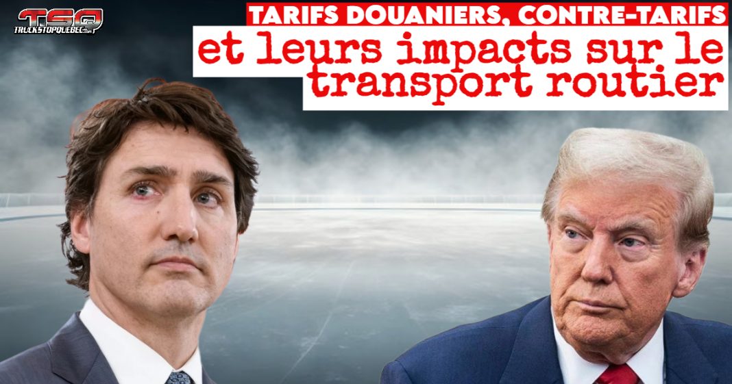 Photo de Donald Trump et Justin Trudeau, illustrant les tensions commerciales et les négociations sur les tarifs douaniers entre les États-Unis et le Canada, qui auront un impact sur le transport routier nord-américain.