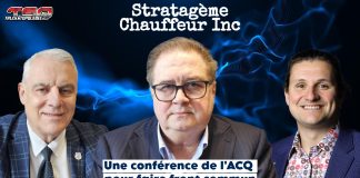 Stratagème Chauffeur Inc : une conférence de l’ACQ pour faire front commun Conférenciers réunis lors de la conférence de l’ACQ sur le stratagème Chauffeur inc., visant à sensibiliser l’industrie du transport routier aux impacts économiques, fiscaux et légaux de cette pratique.