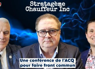 Stratagème Chauffeur Inc : une conférence de l’ACQ pour faire front commun Conférenciers réunis lors de la conférence de l’ACQ sur le stratagème Chauffeur inc., visant à sensibiliser l’industrie du transport routier aux impacts économiques, fiscaux et légaux de cette pratique.
