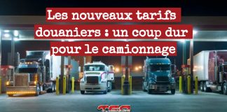 Les nouveaux tarifs douaniers : un coup dur pour le camionnage Camions à une station d'essence, illustrant l’impact des nouveaux tarifs douaniers sur le camionnage entre le Canada et les États-Unis.