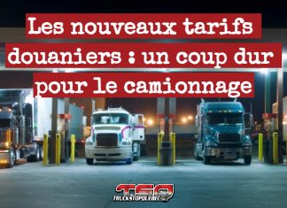 Les nouveaux tarifs douaniers : un coup dur pour le camionnage Camions à une station d'essence, illustrant l’impact des nouveaux tarifs douaniers sur le camionnage entre le Canada et les États-Unis.