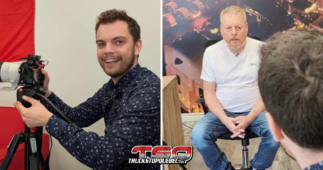Jimmy Chabot, journaliste de Radio-Canada, en discussion dans le studio de Truck Stop Québec sur les enjeux de la route 11/17 en Ontario.