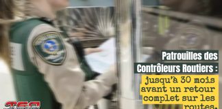 Contrôleurs routiers de la SAAQ : Pas de patrouilles complètes avant 2026? Agente de Contrôle Routier Québec effectuant une interception sur la route, alors que le retour complet des patrouilles des contrôleurs routiers pourrait prendre jusqu'à 30 mois.