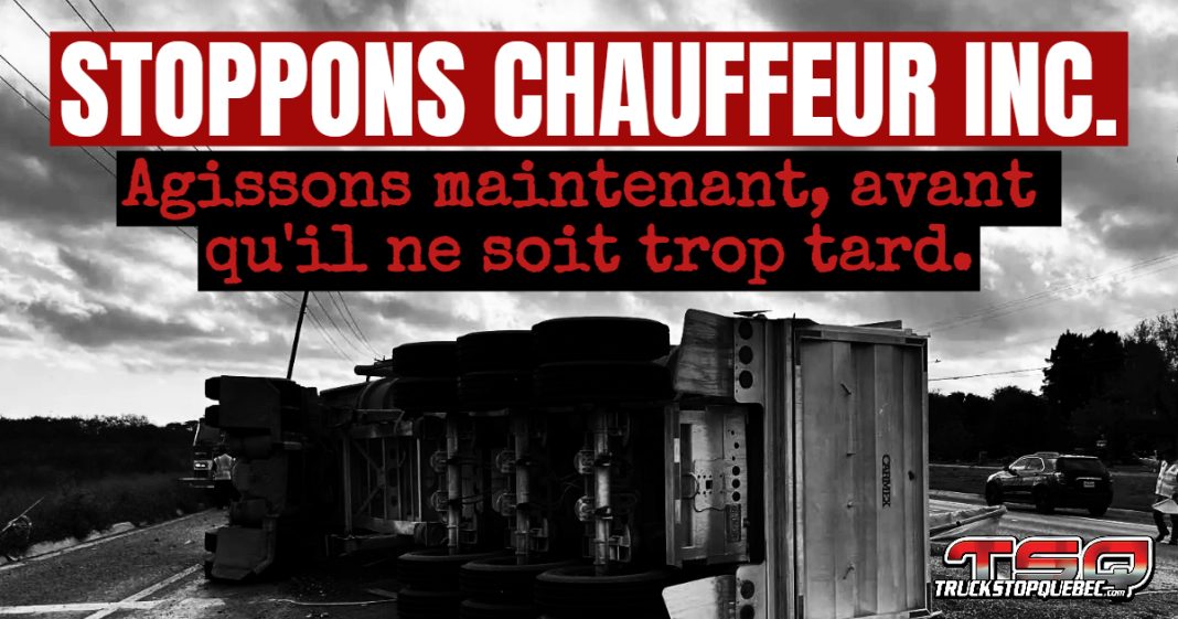 Image d'un camion renversé sur une route, symbolisant l'importance de la sécurité et des bonnes pratiques dans le transport routier, et l'urgence d'agir contre le phénomène "Chauffeur Inc."