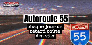 Autoroute 55 : chaque jour de retard coûte des vies Autoroute 55 au Québec montrant une route à chaussées opposées sans séparation médiane, illustrant les risques importants de collisions frontales.