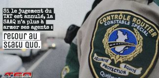 Contrôle routier Québec : Le dossier expliqué simplement Manche d’un agent de Contrôle routier Québec en uniforme, avec un explicatif sur le dossier de l'armement des contrôleurs routiers.