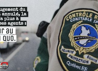 Contrôle routier Québec : Le dossier expliqué simplement Manche d’un agent de Contrôle routier Québec en uniforme, avec un explicatif sur le dossier de l'armement des contrôleurs routiers.