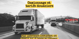 Transport et tarifs douaniers : une tempête pour l’économie du secteur? Camions sur la route, effectuant du transport, sur fond de ralentissement économique causé par les tarifs douaniers américains.