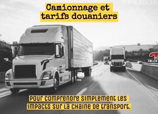 Transport et tarifs douaniers : une tempête pour l’économie du secteur? Camions sur la route, effectuant du transport, sur fond de ralentissement économique causé par les tarifs douaniers américains.