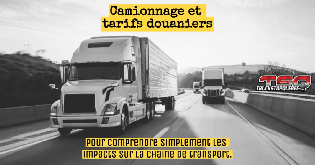 Camions sur la route, effectuant du transport, sur fond de ralentissement économique causé par les tarifs douaniers américains.