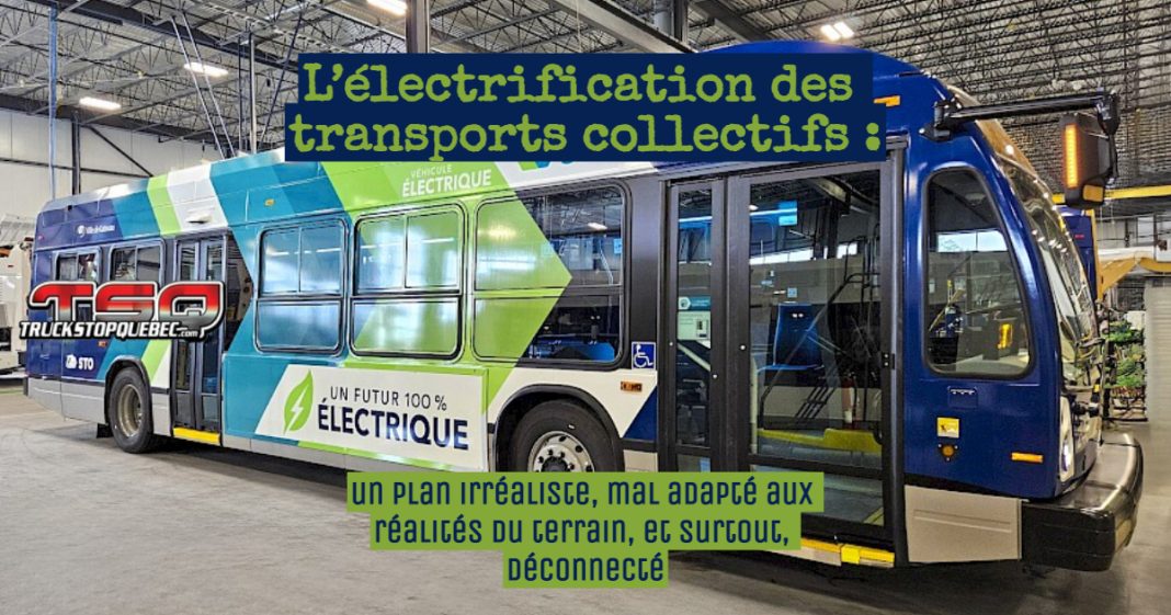 Autobus électrique symbolisant l'électrification du transport collectif, un virage difficile, voire irréaliste.
