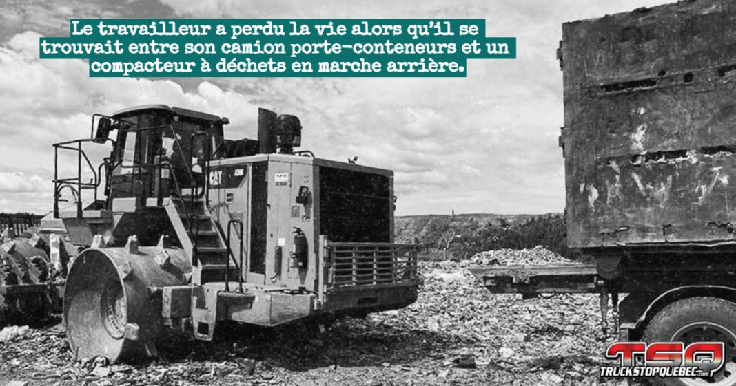 Camion porte-conteneurs stationné près d’un site d’enfouissement, avec machinerie lourde en arrière-plan, pour traduire les conclusions de l'enquête de la CNESST sur le camionneur qui a perdu la vie.
