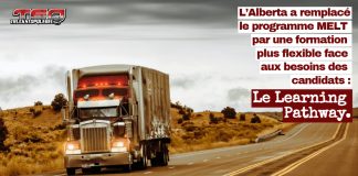 Formation des camionneurs : L’Alberta remplace le programme MELT par le Learning Pathway Un camion de transport traversant une région rurale de l’Alberta, illustrant la connexion entre agriculture et camionneurs, et le programme MELT qui a été remplacé par le Learning Pathway.