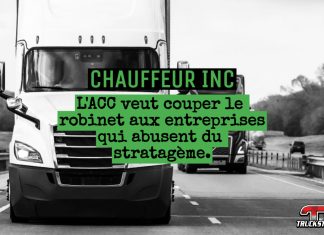 Chauffeur inc. : l’ACC veut freiner le financement des transporteurs qui emploient le stratagème Camions en mouvement sur l’autoroute, illustrant l’appel de l’ACC à couper le financement bancaire aux entreprises utilisant le stratagème Chauffeur inc.