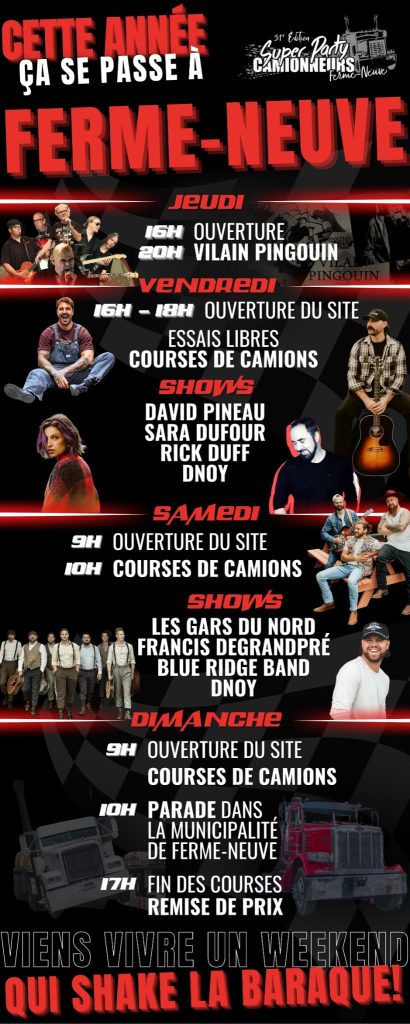 Programmation du Super Party Camionneurs de Ferme-Neuve, édition 2025.