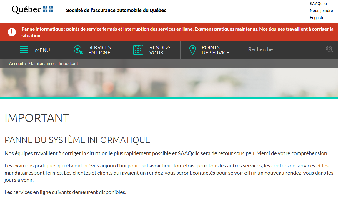 Le système informatique de la SAAQ, et sa plateforme SAAQclic, ne fonctionne pas depuis mardi en raison d'une panne majeure.