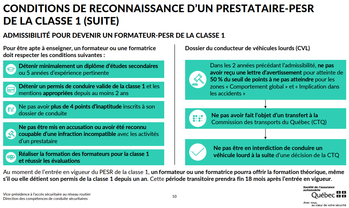 La Société de l’assurance automobile du Québec (SAAQ) poursuit ses démarches en vue de la mise en œuvre du nouveau Programme d’éducation à la sécurité routière (PESR) destiné à l’obtention du permis de conduire de classe 1.
