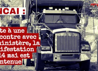 Manifestation de l’ANCAI : les camionneurs artisans passeront à l’action le 14 mai Camions qui travaillent sur un chantier, symbolisant la grogne de l'ANCAI et la manifestation du 14 mai prévue pour dénoncer certaines pratiques.