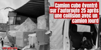 Camion cube éventré sur l’autoroute 25 après une collision avec un camion lourd Camion cube éventré sur l'autoroute 25 après une collision avec un camion lourd le 6 mai 2025.