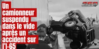 Un camionneur suspendu dans le vide après un accident sur l’I-65 Un camionneur a vécu l’angoisse de sa vie dimanche matin à Louisville, au Kentucky, alors que la cabine de son semi-remorque s’est retrouvée suspendue dans le vide après un accident sur l’autoroute surélevée I-65.