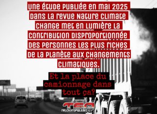 Réchauffement climatique : les plus riches en cause, mais le camionnage souvent visé Camion roulant sur une autoroute, dégageant de la fumée à l’échappement, illustrant la contribution du camionnage aux émissions de gaz à effet de serre, dans le contexte plus large des inégalités de richesse liées au réchauffement climatique.