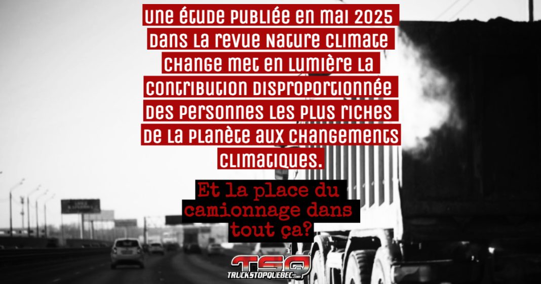 Camion roulant sur une autoroute, dégageant de la fumée à l’échappement, illustrant la contribution du camionnage aux émissions de gaz à effet de serre, dans le contexte plus large des inégalités de richesse liées au réchauffement climatique.