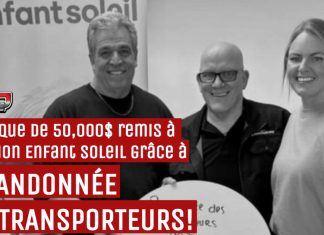Un chèque de 50,000$ remis à Opération Enfant Soleil grâce à la Randonnée des Transporteurs Dominique Beaulac et Pierre Labrie qui remette le chèque de la Randonnée des Transporteurs à Opération Enfant Soleil pour l'Édition 2025.