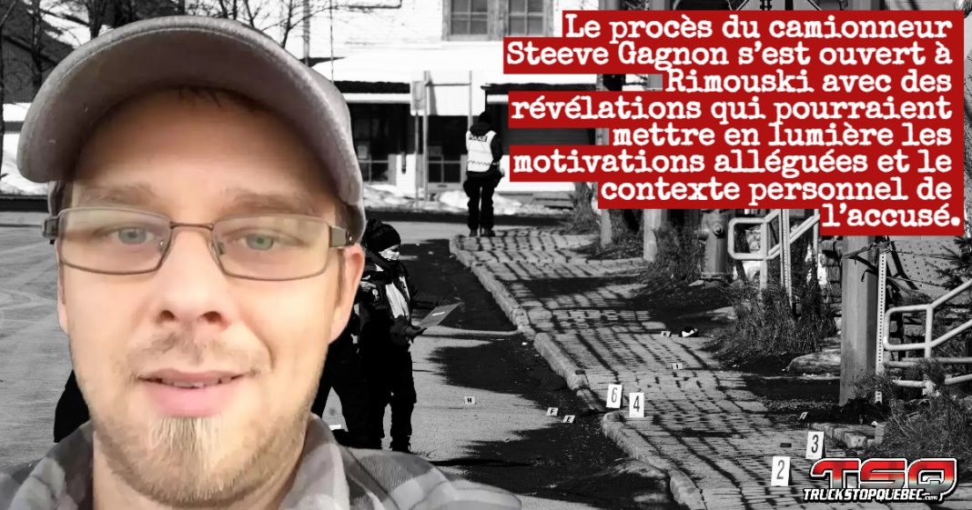 Le camionneur Steeve Gagnon, l'accusé dans l'attaque au camion-bélier à Amqui, photographié lors de son arrestation; en arrière-plan, la scène de l’accident sur le boulevard Saint-Benoît où trois piétons ont perdu la vie en mars 2023.