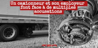 Un camionneur et son employeur font face à de multiples accusations Photos montrant l’état des roues d’un camion lourd après leur détachement sur la route 11 à Mattice-Val-Côté, en Ontario, le 12 mai 2025. L’image met en évidence la défaillance du moyeu de l’essieu avant ayant causé l’incident, et le camionneur a été arrêté. (Source : Police provinciale de l’Ontario)