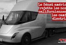 Le Sénat américain bloque les mandats californiens sur les camions électriques L’American Trucking Associations (ATA) a salué comme une « victoire monumentale » le vote du Sénat américain qui annule les mandats californiens imposant la transition vers les camions électriques dans le transport lourd, représenté sur cette image par un camion électrique en Californie.