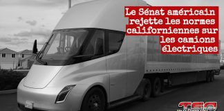 Le Sénat américain bloque les mandats californiens sur les camions électriques L’American Trucking Associations (ATA) a salué comme une « victoire monumentale » le vote du Sénat américain qui annule les mandats californiens imposant la transition vers les camions électriques dans le transport lourd, représenté sur cette image par un camion électrique en Californie.
