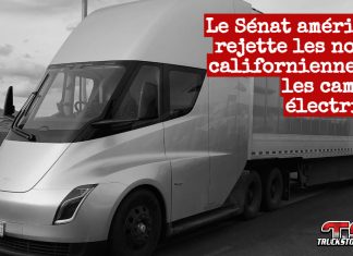 Le Sénat américain bloque les mandats californiens sur les camions électriques L’American Trucking Associations (ATA) a salué comme une « victoire monumentale » le vote du Sénat américain qui annule les mandats californiens imposant la transition vers les camions électriques dans le transport lourd, représenté sur cette image par un camion électrique en Californie.
