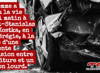 Collision mortelle impliquant un camion lourd à Saint-Stanislas-de-Kostka Un homme a perdu la vie mardi matin à Saint-Stanislas-de-Kostka, en Montérégie, à la suite d’une violente collision entre sa voiture et un camion lourd (photo: voiture accidentée).