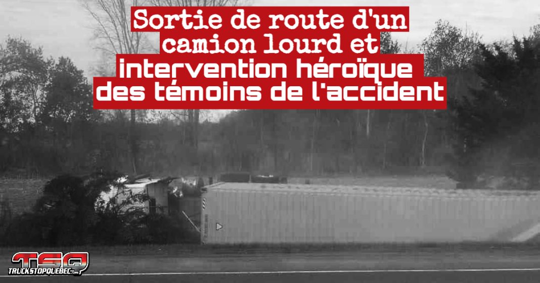 Michael Long et d’autres automobilistes ont aidé un camionneur à sortir de ce camion lourd accidenté en flammes sur l’autoroute 55, à Drummondville, après une sortie de route causée par un malaise.