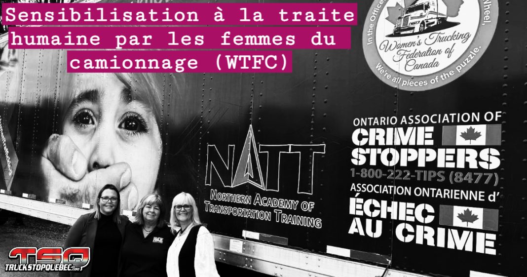 Photo de la remorque de la WTFC contre la traite humaine, Samantha Clarke et Fiona Stone lors de la conférence OACS à North Bay
