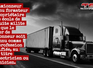 Et si le métier de camionneur devenait une profession certifiée? Camion sur une route symbolisant la profession, avec en surimpression le texte : « Un camionneur devenu formateur et propriétaire d’une école de conduite milite pour que le métier de camionneur soit reconnu comme une profession certifiée, au même titre qu’électricien ou mécanicien. »