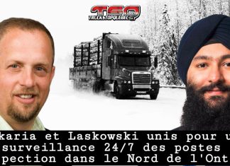 Routes 11 et 17 dans le Nord de l’Ontario : un projet de loi trop timide selon l’Ontario Trucking Association Camion roulant sur une route enneigée dans le nord de l’Ontario, un tronçon de l’autoroute 11/17 au cœur du débat sur la sécurité et l’entretien hivernal, et Stephen Laskowski, président de l’Ontario Trucking Association, et Prabmeet Sarkaria, ministre des Transports de l’Ontario, au centre des discussions sur la sécurité des routes 11 et 17.