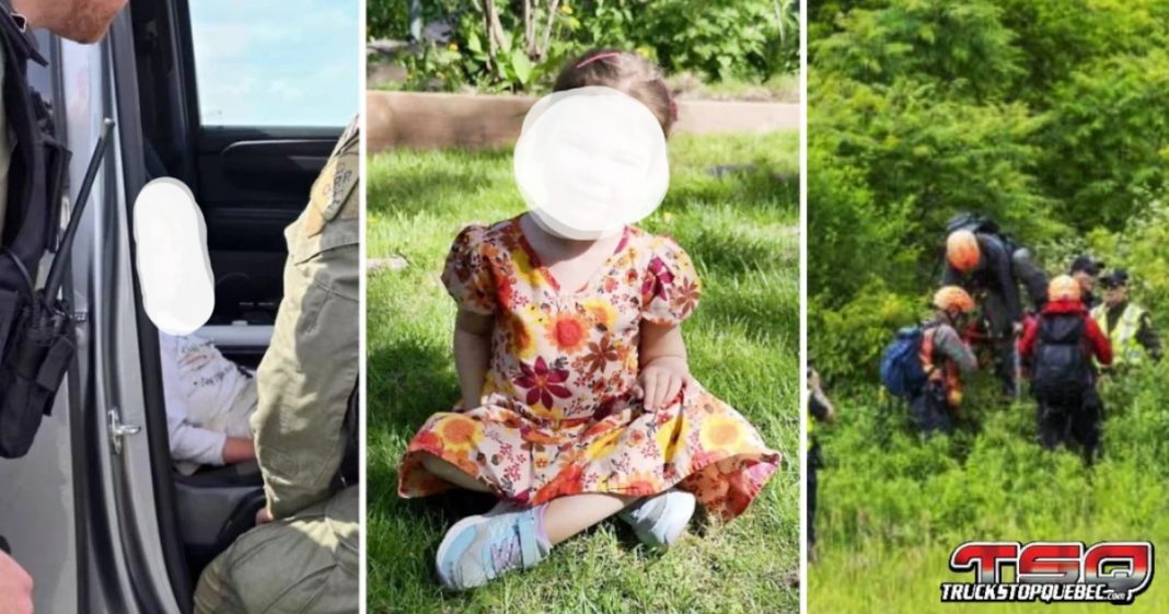 Trois images de Claire : assise dans un champ au moment de sa découverte par les policiers, installée ensuite à l’arrière d’un véhicule de la Police provinciale de l’Ontario (OPP), et une photo souriante d’elle prise avant sa disparition.