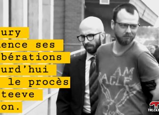 Le jury appelé à trancher dans le procès de Steeve Gagnon à la suite du drame d’Amqui : Steeve Gagnon, menotté et escorté par des agents, marche vers le palais de justice de Rimouski dans le cadre de son procès pour les événements survenus à Amqui. (Capture d'écran)