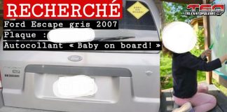 Claire : un appel à tous les camionneurs et au public dans une recherche vitale Photo du véhicule Ford Escape gris 2007 avec l'autocollant « Baby on board! » à l’arrière, accompagné du visage de Claire, fillette de 3 ans disparue.