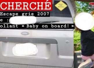Claire : un appel à tous les camionneurs et au public dans une recherche vitale Photo du véhicule Ford Escape gris 2007 avec l'autocollant « Baby on board! » à l’arrière, accompagné du visage de Claire, fillette de 3 ans disparue.