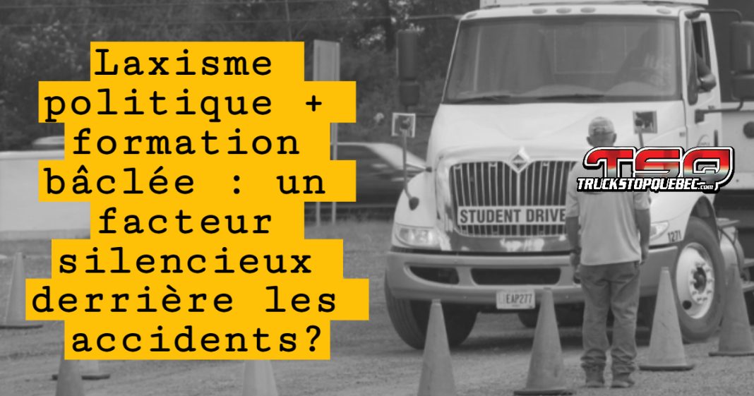 Formateur en conduite de camion debout près de son véhicule, dans un stationnement aménagé avec des cônes de signalisation, utilisé pour la formation pratique (pour article Formation des camionneurs au Canada et aux États-Unis : un scandale encore trop toléré?)