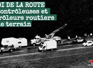 Les contrôleurs routiers du Québec à l’honneur dans une nouvelle série télé sur TÉMOIN Contrôleurs routiers en uniforme sur le terrain, effectuent une vérification de camion sur une route du Québec, image tirée de la série La loi de la route diffusée sur TÉMOIN.